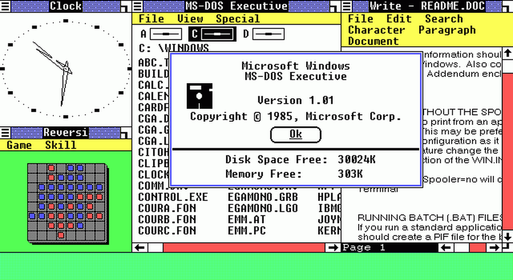 WINDOWS 1.0 (1985) : Où tout a commencé: Windows 1.0 introduit une interface graphique, support de la souris, et les applications importantes.