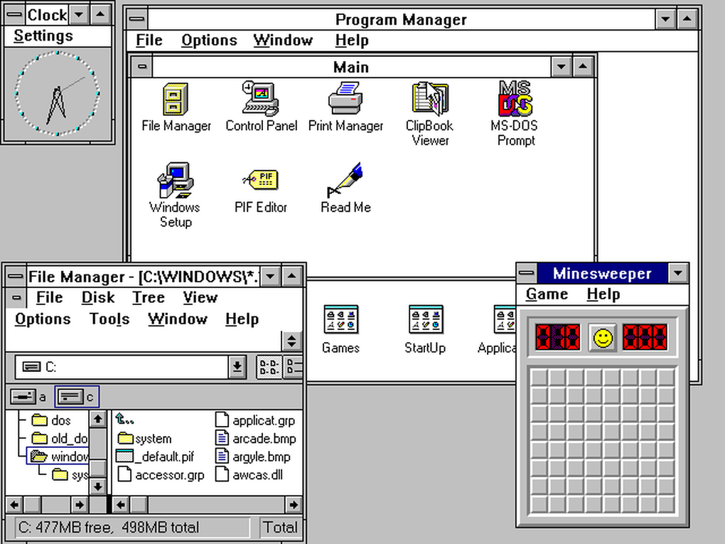 Windows 3.0 (1990) : Windows 3.0 inclus une meilleure interface utilisateur avec de nouveaux gestionnaires de programmes et de fichiers. Minesweeper est également arrivé avec la mise à jour 3.1