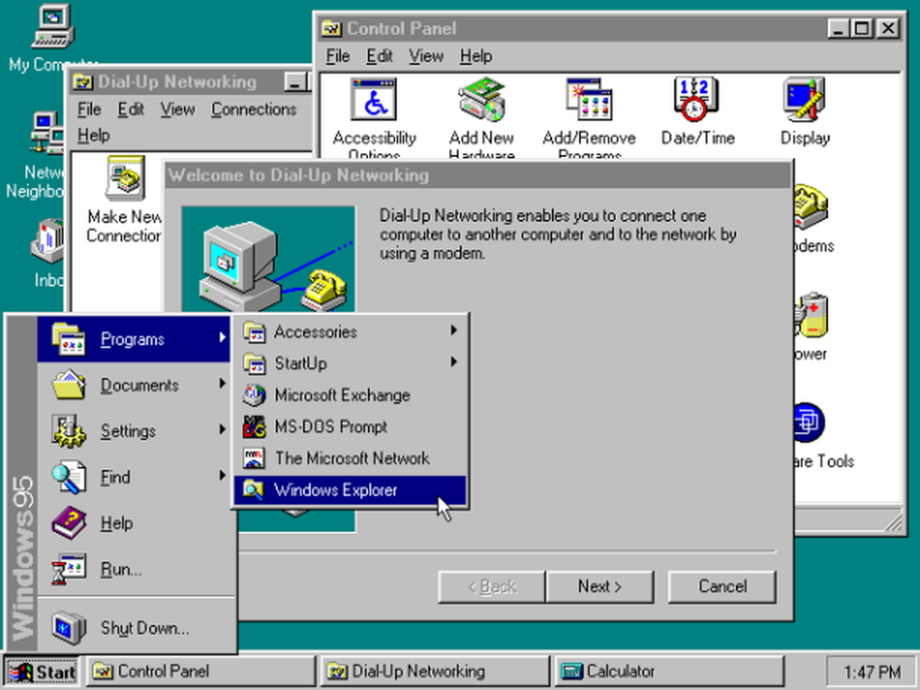 Windows 95 (1995) : Windows 95 a été l'une des mises à jour les plus importantes pour Windows. Microsoft a déménagé à une architecture 32 bits et introduit le menu Démarrer. Une nouvelle ère d'applications émergé, et Internet Explorer est arrivé à une mise à jour Windows 95.